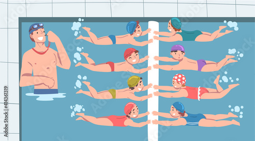 Cute Kids Learning to Swim in Pool, Man Swimming Coach with Whistle Teaching them, Healthy Lifestyle, Water Activities Concept Cartoon Vector Illustration