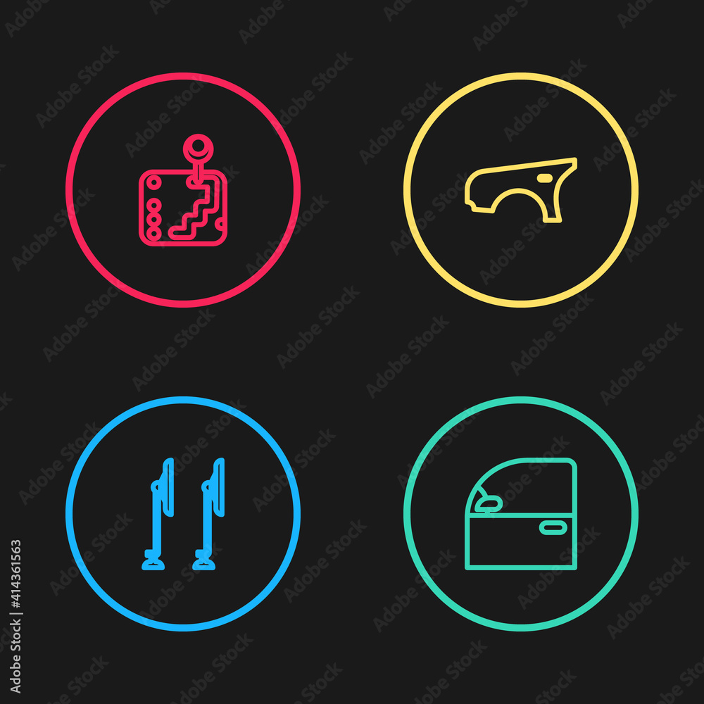 Set line Windscreen wiper, Car door, fender and Gear shifter icon. Vector. Set line Windscreen wiper, Car door, fender and Gear shifter icon. Vector.