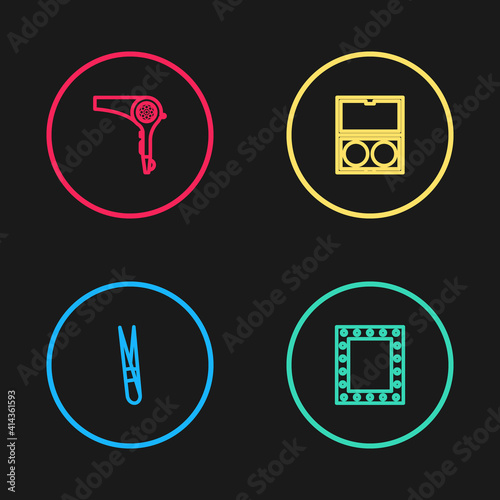 Set line Eyebrow tweezers, Makeup mirror with lights, powder and Hair dryer icon. Vector.