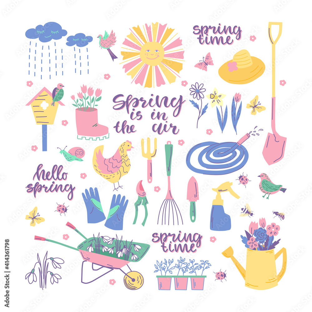 Spring garden set with tools, flowers, sun, birds and text. Vector illustration. Spring garden set with tools, flowers, sun, birds and text. Vector illustration.