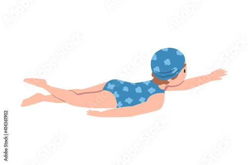 Girl Swimming in Pool, Cute Kid Swimmer Dressed Swimsuit and Cap Training at Swimming Class, Healthy Lifestyle, Water Activities Concept Cartoon Style Vector Illustration
