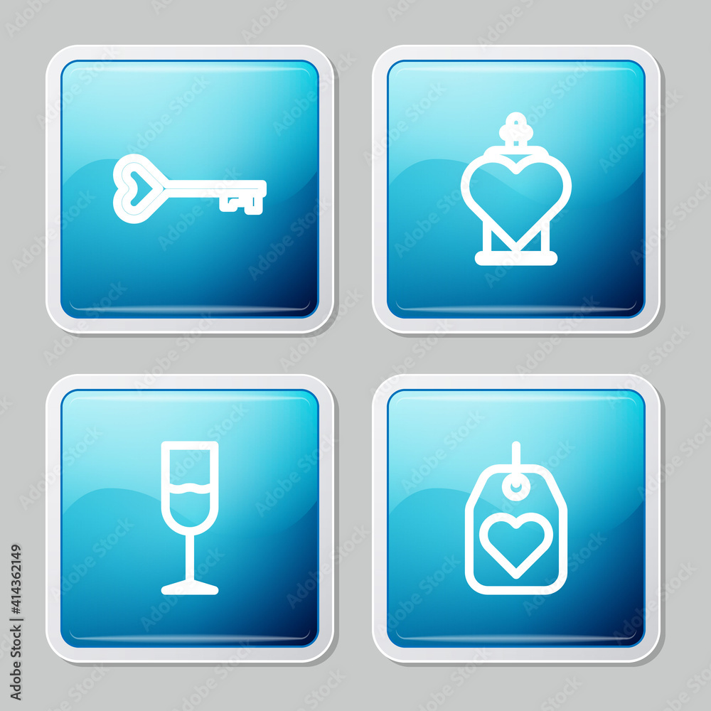 Set line Key in heart shape, Bottle with love potion, Wine glass and Heart tag icon. Vector. Set line Key in heart shape, Bottle with love potion, Wine glass and Heart tag icon. Vector.