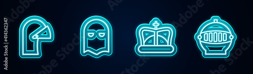 Set line Medieval iron helmet, Executioner mask, King crown and . Glowing neon icon. Vector.