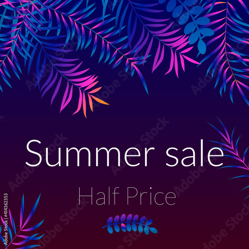 Summer sale poster  night tropic background with palm leaves
