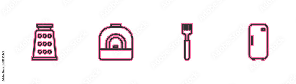 Set line Grater, Fork, Oven and Refrigerator icon. Vector. Set line Grater, Fork, Oven and Refrigerator icon. Vector.