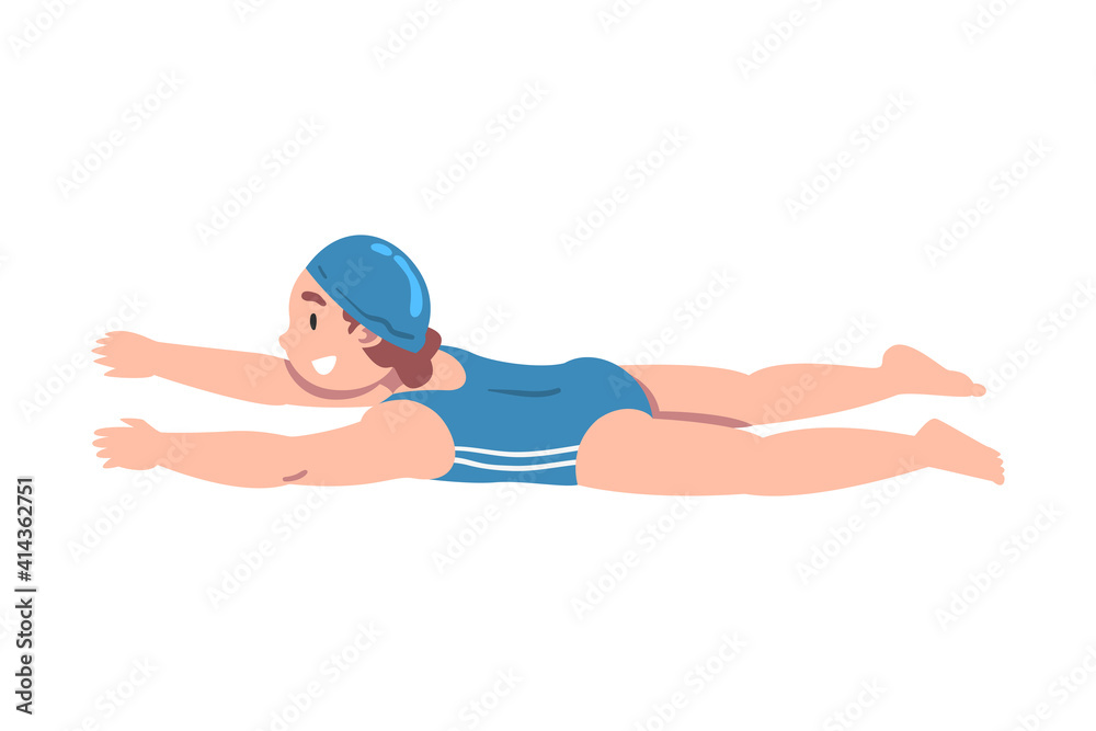 Smiling Girl Swimming in Pool, Cute Kid Dressed Blue Swimwear and Cap Learning to Swim or Taking Part at Competition Cartoon Style Vector Illustration Smiling Girl Swimming in Pool, Cute Kid Dressed Blue Swimwear and Cap Learning to Swim or Taking Part at Competition Cartoon Style Vector Illustration