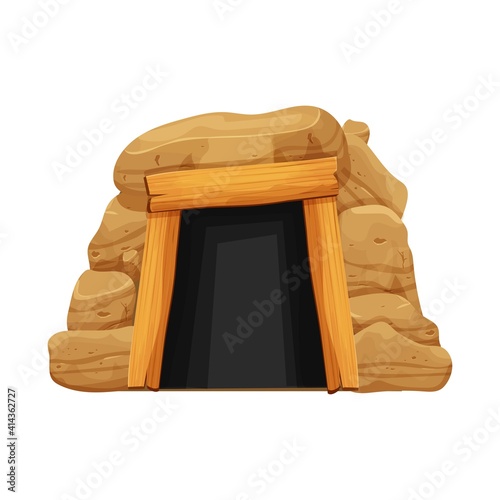 Old cave, mine entrance in cartoon style from stones, rocks and wood planks isolated on white background. Dark tunnel, underground place.