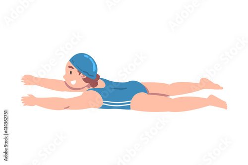 Smiling Girl Swimming in Pool, Cute Kid Dressed Blue Swimwear and Cap Learning to Swim or Taking Part at Competition Cartoon Style Vector Illustration