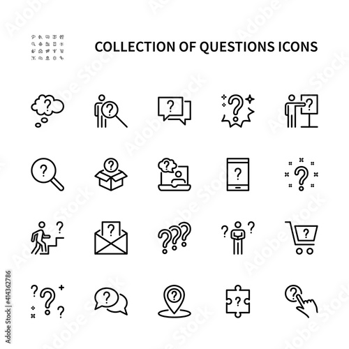 Questions and problem ask and think vector linear icons set. Contains icons as puzzle confused man question mark and more. Isolated collection of questions icons for websites. Editable Stroke.