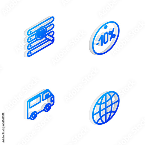 Set Isometric line Ten discount percent tag  Search in browser window  Delivery cargo truck vehicle and Worldwide icon. Vector.