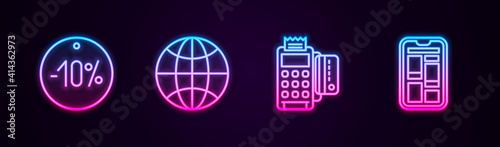 Set line Ten discount percent tag, Worldwide, POS terminal with credit card and Online shopping on phone. Glowing neon icon. Vector.
