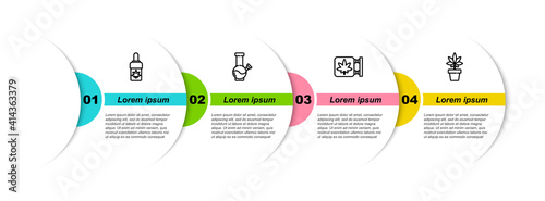 Set line Marijuana or cannabis olive oil, Glass bong for smoking marijuana, and store and plant. Business infographic template. Vector.