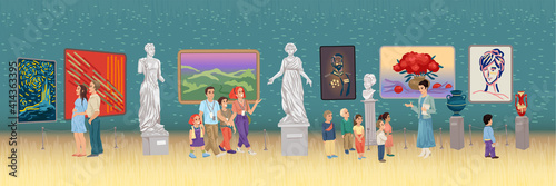 Museum gallery, people tourists visiting exhibits, paintings and statues, children and people watching the sights, guided tour, listening audio guide. Vector illustration