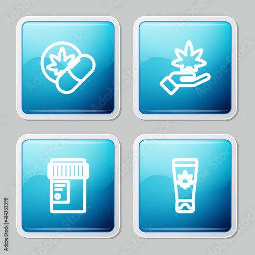 Set line Herbal ecstasy tablets, Marijuana or cannabis leaf, Medical bottle with and cream marijuana icon. Vector.