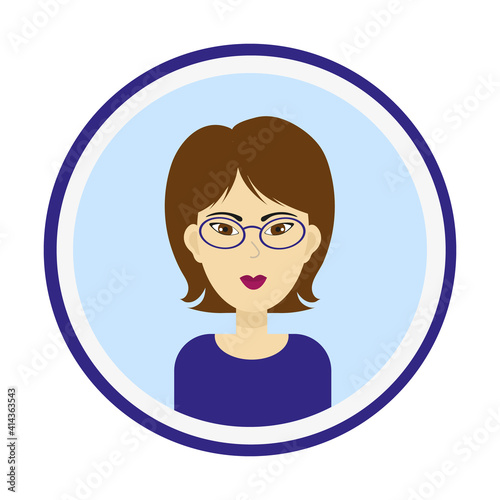 Female avatar. Cute woman portrait on blue background. Girl face with brown hair, brown eyes and glasses. Isolated vector illustration.