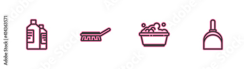 Set line Bottles for cleaning agent, Plastic basin with soap suds, Brush and Dustpan icon. Vector.