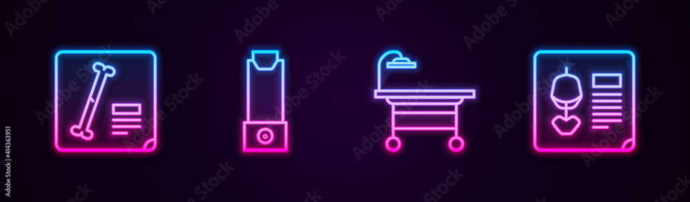 Set line X-ray shots, Inhaler, Operating table and . Glowing neon icon. Vector. Set line X-ray shots, Inhaler, Operating table and . Glowing neon icon. Vector.