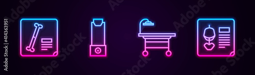 Set line X-ray shots, Inhaler, Operating table and . Glowing neon icon. Vector.