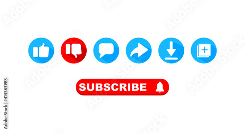 Button Icon Set for Channel. Like, Dislike, Comment, Share, Download, Save, and Subscribe Vector Illustration