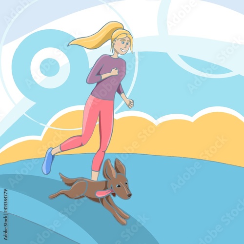 young girl running along with dog illustration abstract background