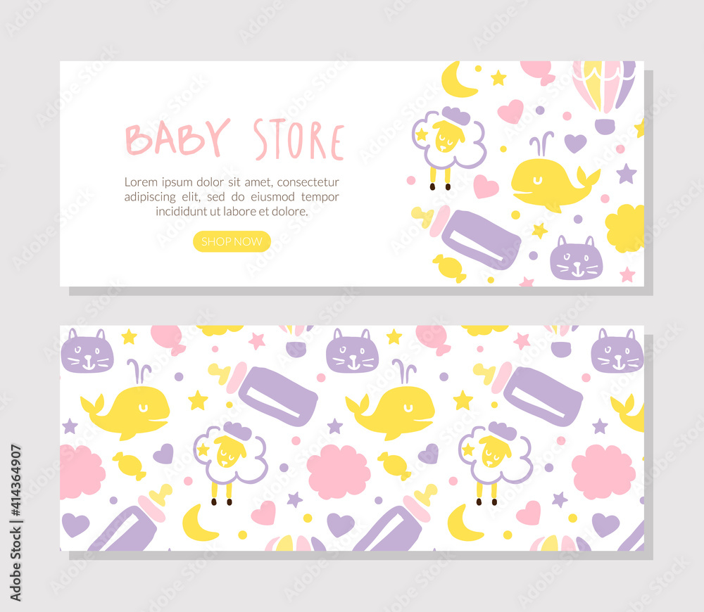 Baby Store Landing Page Template, Kids Products and Accessories Website Interface with Cute Childish Seamless Pattern Vector Illustration