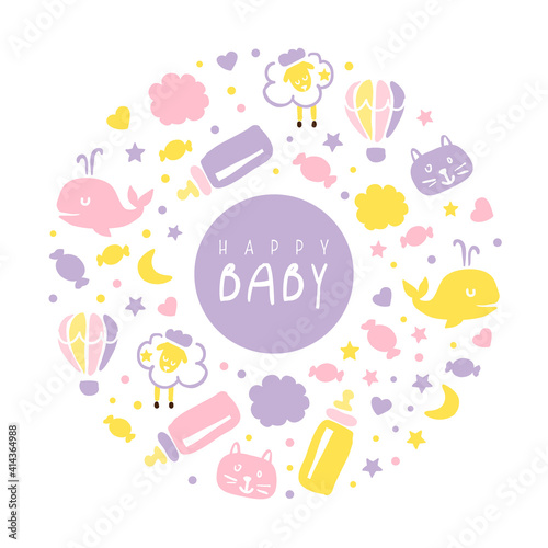 Happy Baby Banner Template, Kid Products and Accessories of Circular Shape Flyer, Brochure, Book Cover, Poster, Iinvitation, in Pastel Colors Cartoon Vector Illustration