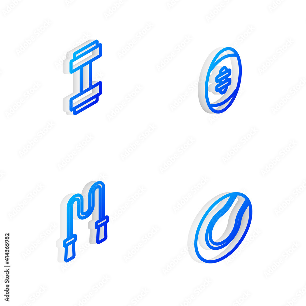 Set Isometric line American Football ball, Dumbbell, Jump rope and Tennis icon. Vector. Set Isometric line American Football ball, Dumbbell, Jump rope and Tennis icon. Vector.