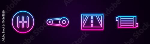 Set line Gear shifter, Timing belt kit, Gps device with map and Car radiator cooling system. Glowing neon icon. Vector.