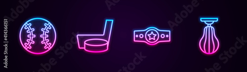 Set line Baseball ball, Ice hockey stick and puck, Boxing belt and Punching bag. Glowing neon icon. Vector.