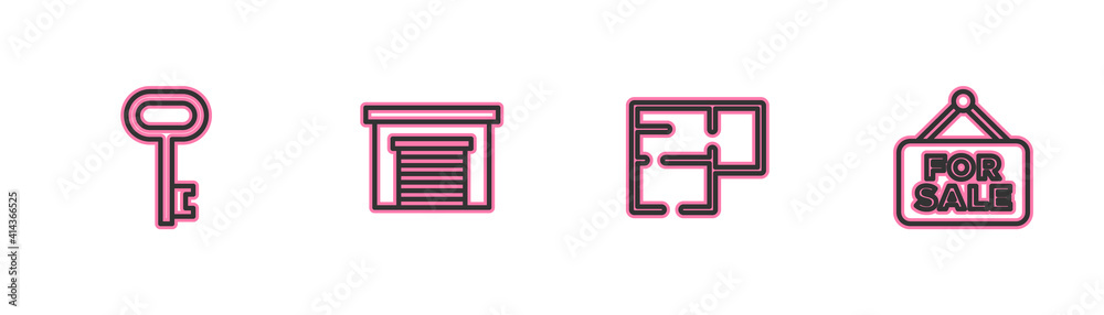 Set line House key, plan, Garage and Hanging sign with For Sale icon. Vector.
