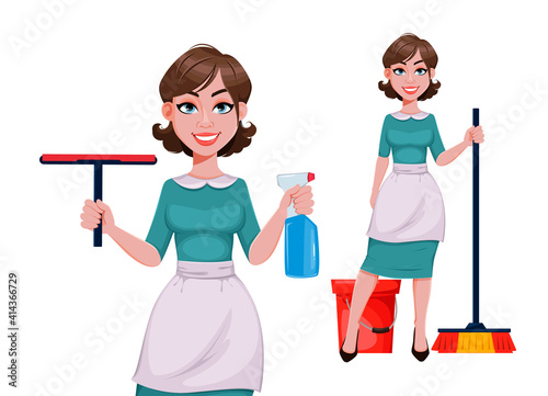 Cheerful housekeeper, mother, beautiful woman