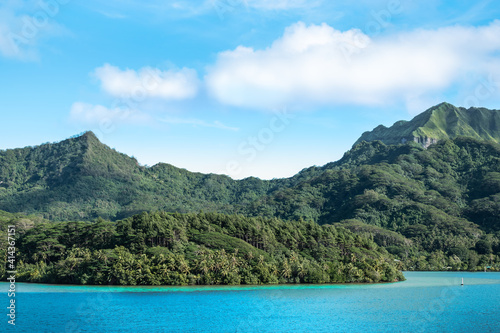 Beautiful mountain landscape with mount Turi on Huahine Island, French Polynesia.
