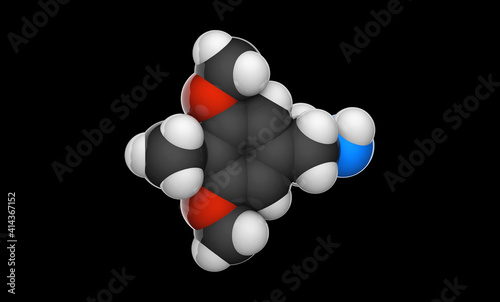 Mescaline (3,4,5-trimethoxyphenethylamine) is a naturally occurring psychedelic protoalkaloid, known for its hallucinogenic effects. Chemical structure model: Space-Filling. 3D illustration.  photo