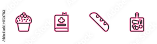Set line Cake, French baguette bread, Cookbook and Cutting board icon. Vector.