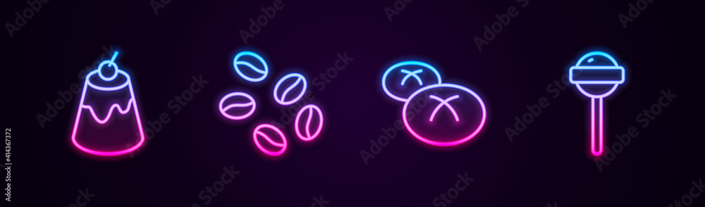 Set line Pudding custard, Coffee beans, Bread loaf and Lollipop. Glowing neon icon. Vector.