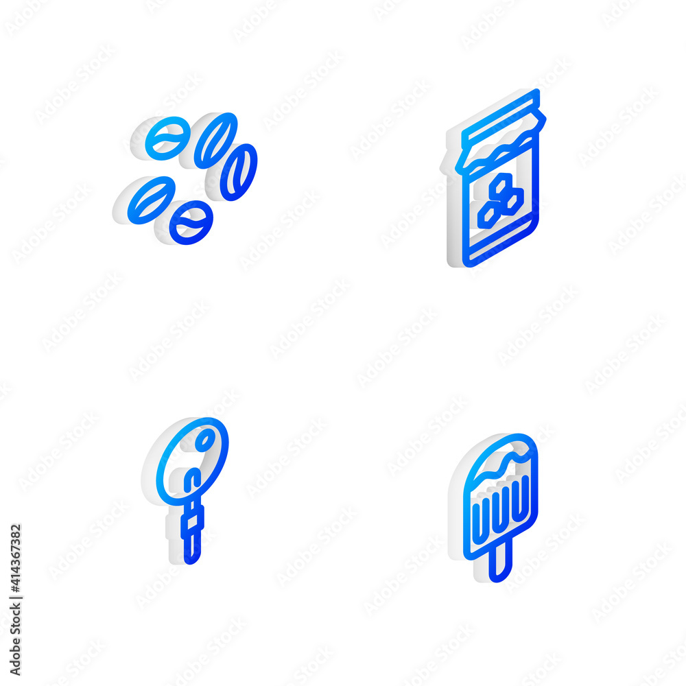 Set Isometric line Jar of honey, Coffee beans, Lollipop and Ice cream icon. Vector.