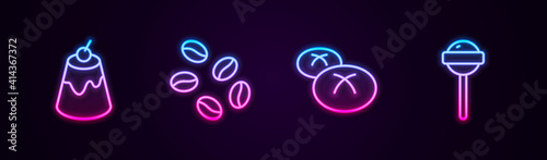 Set line Pudding custard, Coffee beans, Bread loaf and Lollipop. Glowing neon icon. Vector.