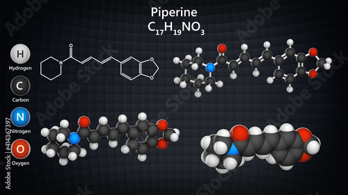 Piperineis the alkaloid responsible for the pungency of black pepper and long pepper. C17H19NO3. Chemical structure model: Ball and Stick + Balls + Space-Filling. 3D illustration. 
