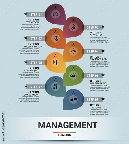 Infographic Management template. Icons in different colors. Include Lead Management, Criticism, Specialist, Interaction and others.