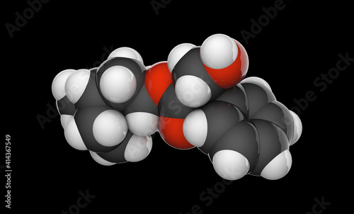 Atropine (Atropen) is a medication used to treat certain types of nerve agent. C17H23NO3. Chemical structure model: Space-Filling. 3D illustration. Isolated on black background.  photo