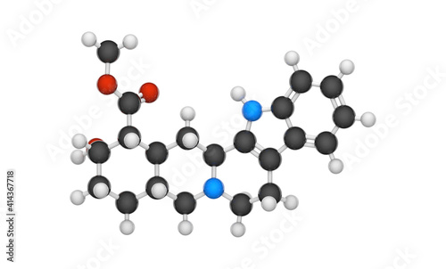 Yohimbine(quebrachine), is an indole alkaloid derived from the bark of the African tree Pausinystalia johimbe. C21H26N2O3. Chemical structure model: Ball and Stick. 3D illustration. White background. 