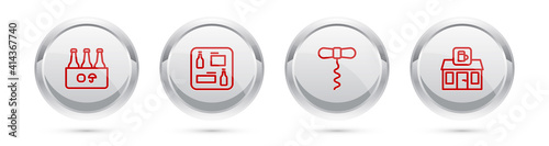Set line Pack of beer bottles, Beer menu, Wine corkscrew and Store building shop. Silver circle button. Vector.
