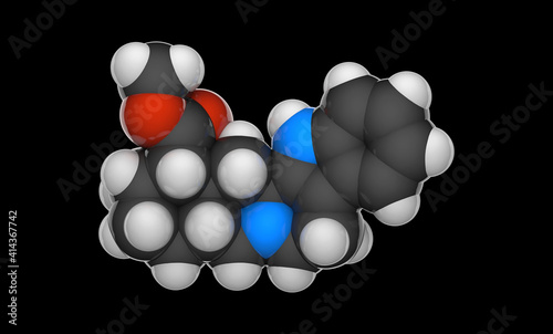 Yohimbine(quebrachine), is an indole alkaloid derived from the bark of the African tree Pausinystalia johimbe. C21H26N2O3. Chemical structure model: Space-Filling. 3D illustration.  photo