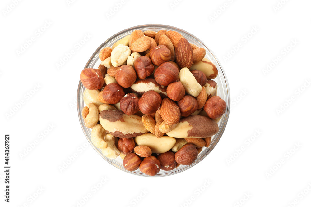 Bowl with different nuts isolated on white background