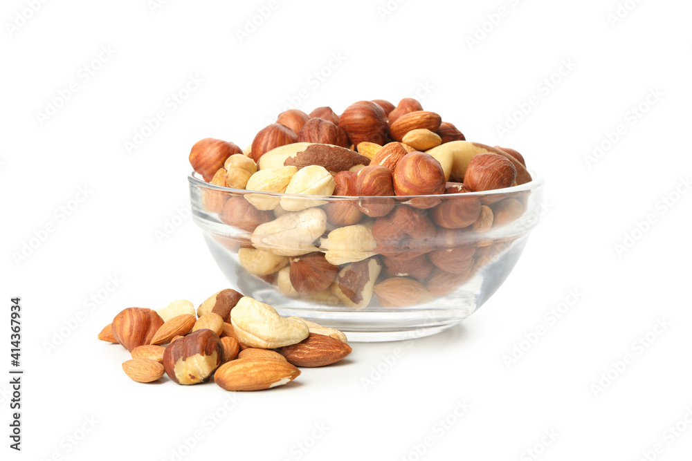 Bowl with different nuts isolated on white background Bowl with different nuts isolated on white background