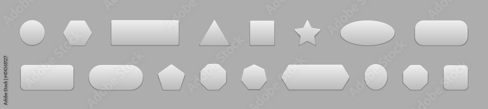 Button square. White 3d badge for web. Round, rectangle sticker for app. Blank shape with shadow for banner, ui. Modern design icon isolated on gray background. Set elements for application. Vector Button square. White 3d badge for web. Round, rectangle sticker for app. Blank shape with shadow for banner, ui. Modern design icon isolated on gray background. Set elements for application. Vector