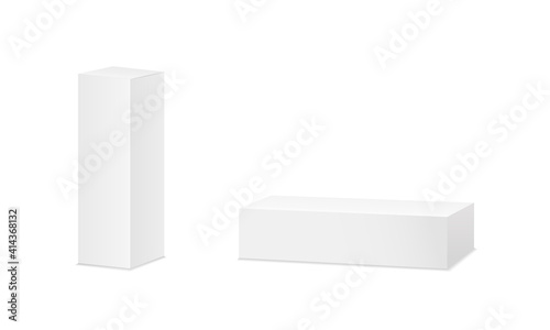 Box mockup. 3d white package for cosmetic, toothpaste and medicine. Template of carton rectangular box for tube. Blank mock up of cardboard isolated on white background. Packaging of product. Vector