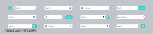 Search bar. Button and ui of internet browse. Shape for interface of website. Forms of search bars. White and blue web element for navigation, menu on gray background. Set boxes for computer. Vector