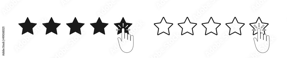 Rate with five star and finger of customer. Review, performance and feedback with 5 stars. Outline icons of satisfaction. Online service of survey and opinion customer. Positive evaluation. Vector Rate with five star and finger of customer. Review, performance and feedback with 5 stars. Outline icons of satisfaction. Online service of survey and opinion customer. Positive evaluation. Vector
