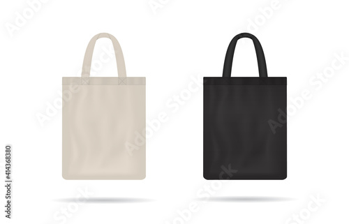 Canvas bag. mockup of fabric tote. Cloth totebag with handle. template of black and white cotton eco bag. Reusable tote for shopping. Blank mock for shopper. Ecobag for grocery. Vector photo